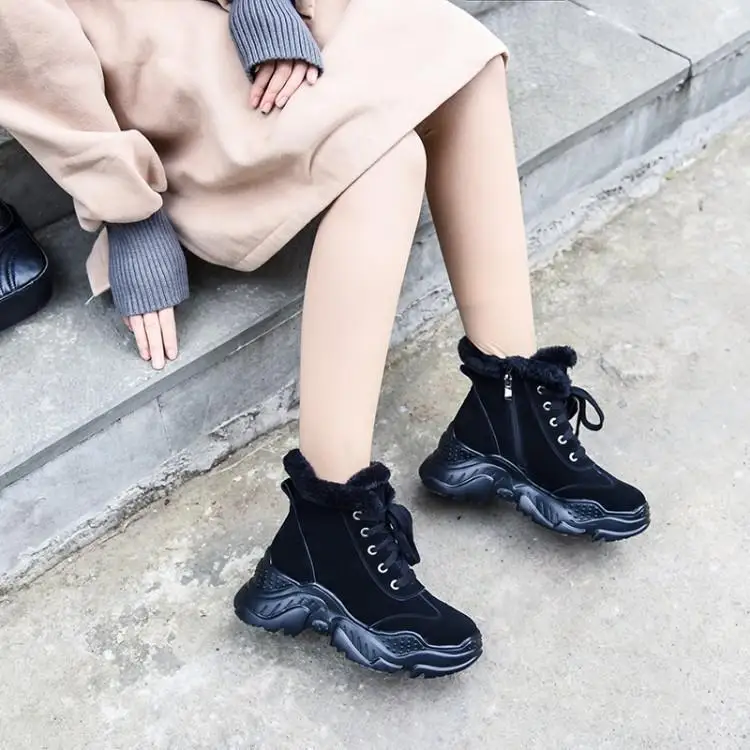 

Black White Suede Ankle Boots For Women Round Toe MIddle Rubber Hoof Heels Shoes Woman Plush Lining Zapatos De Mujer Cross Tied