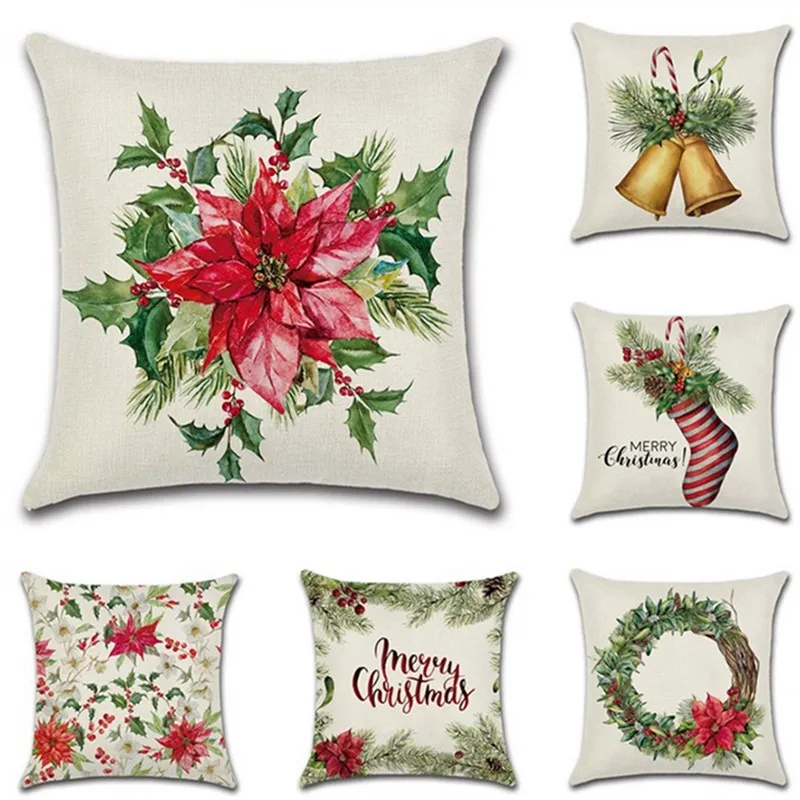 

1 pc Christmas Pillow Case Flower Bell Socks Pattern Linen Throw Pillow Cover Office Chair Seat Home Pillowcase 45x45cm