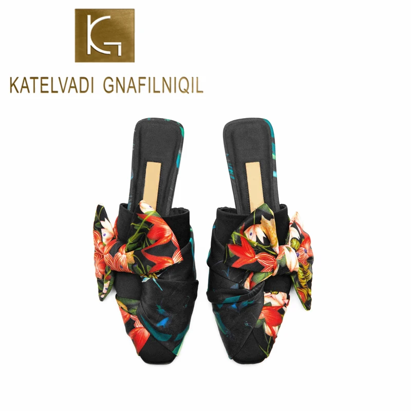 

KATELVADI 2019 Summer Slippers Fashion Women Square Toe Satin Print Low Heels Outsides Ladies Slides Luxury Brand Mules K-384