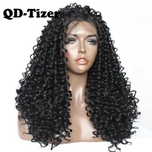 QD-Tizer кудрявый синтетический парик фронта шнурка черный цвет парик фронта шнурка Glueless термостойкие волосы для черных женщин