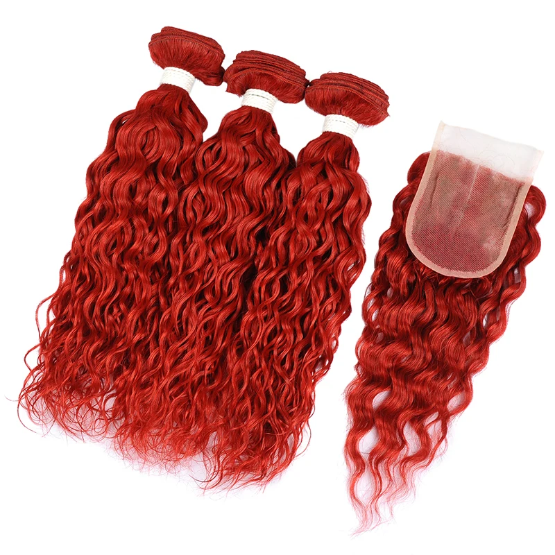 Бразильские волнистые красные пряди с закрытием бордовые красные человеческие волосы 3 пряди с закрытием 99J цветные Pinshair не реми волосы