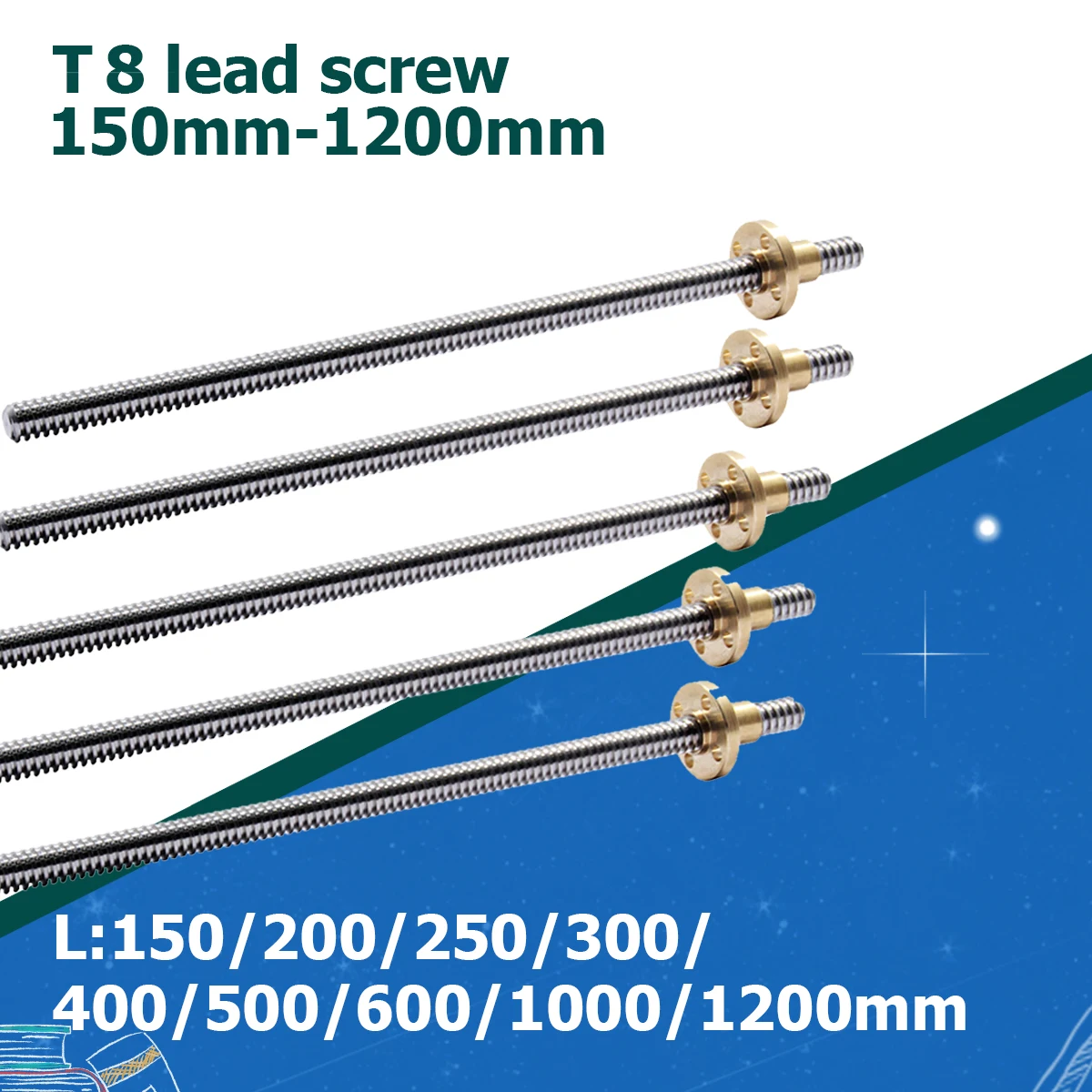 T8 Lead Screw Rod OD 8mm Pitch 2mm Lead 2mm 150 200 300 350 400 500 600 1000 1200 mm with Brass Nut For CNC 3D Printer