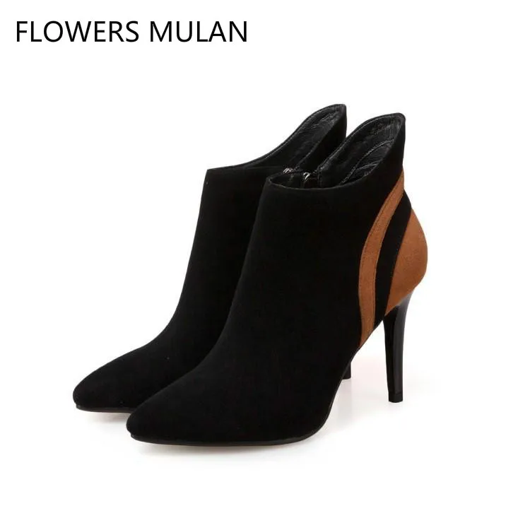 

2018 New Arival Fashion Show MIxed Color Black Suede Back brown Grey Ladies Booties Chic Pointed Toe Side Zip Shoes Woman