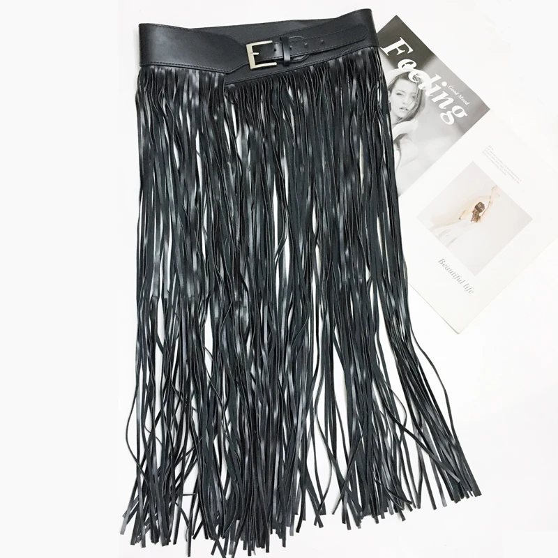 Sexy long fringe leather belts Black Designer ceinture femme Punk Silver Pin Buckle Plus size Tassel Belt Corset Straps women