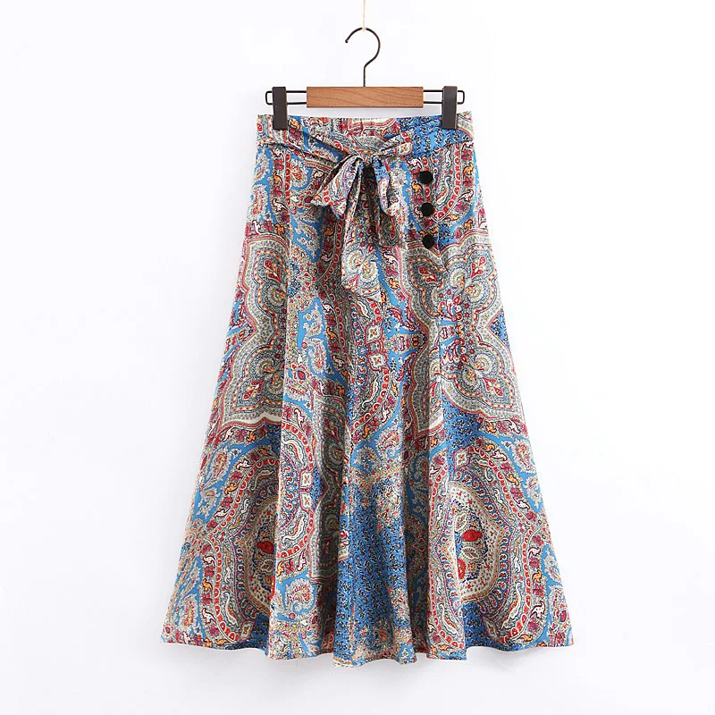 

RR Pattern Printed Long Skirts Womens Elastic Waist Belt Button Front Summmer Skirts Female Faldas Largas Mujer Jupe Longue EM42