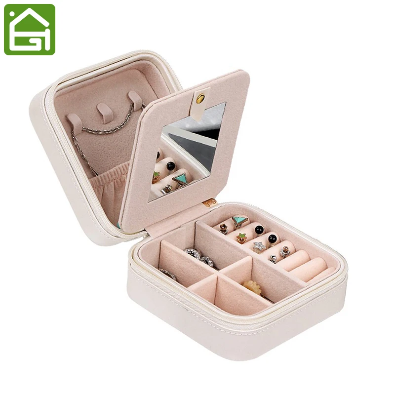 

Double Layers Leather Jewelry Casket Bag Necklace Earrings Ring Storage Case Accessories Organizer Holder Box with Mirror
