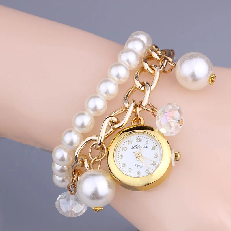 Fashion casual watch women dress pearls chain bracelets wristwatch New ...