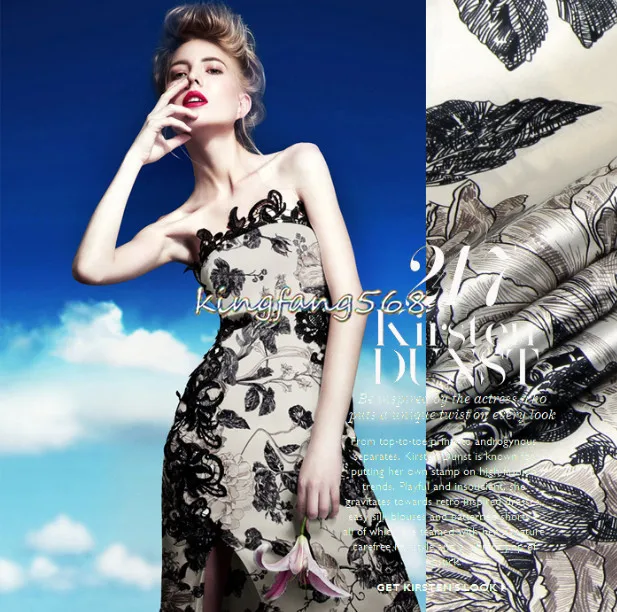 

Designer 93% natural mulberry silk 7% spandex stretch satin clothing fabric ink flower cheongsam dresses 1m U014