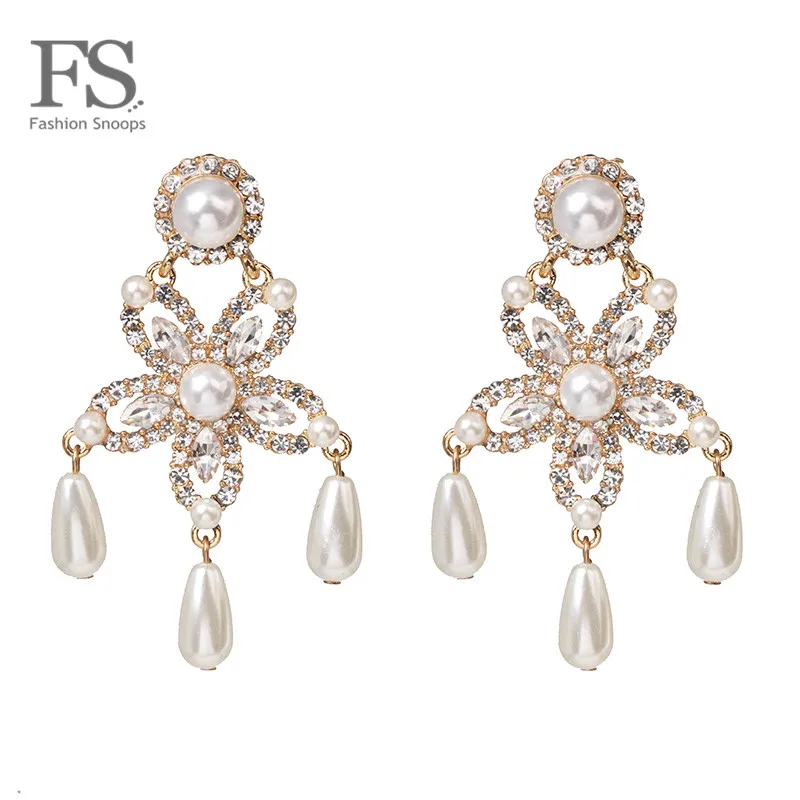 

FASHIONSNOOPS Rhinestone Statement Earrings For Women Luxury Crystal Simulated Pearls Dangling Drop Earrings Fashion Jewelry
