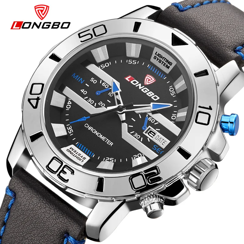 

LONGBO Brand Waterproof Leather Men's Watches Calendar Display Quartz Watch Creative Dial Business Luminous Wristwatch Men Clock