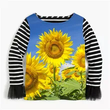 Новая кружевная блузка в полоску с подсолнухами для маленьких девочек, милый топ принцессы, рубашка для девочек, От 2 до 10 лет, Детские рубашки с длинными рукавами