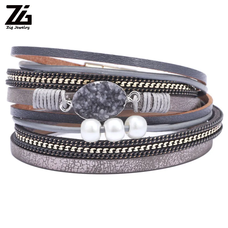 ZG Очаровательные кожаные браслеты для женщин и мужчин, несколько слоев, браслеты, Пара подарков, модные ювелирные изделия - Окраска металла: grey