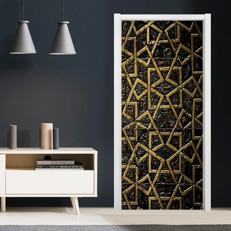 Modern Creative Black Gold Line Geometric Door Sticker 3D Stereo PVC Self-Adhesive Waterproof Mural Wallpaper Living Room Decor