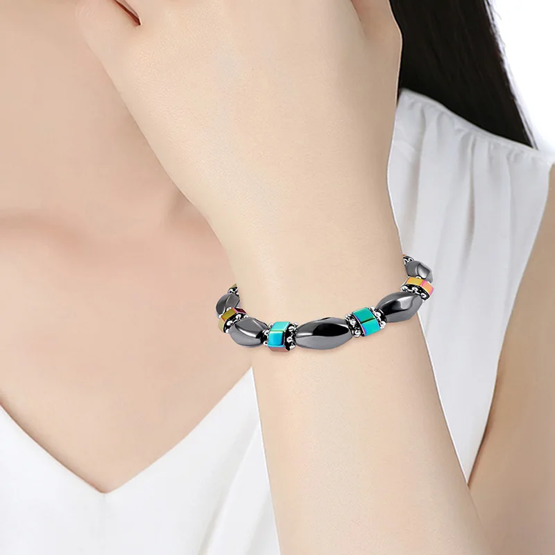 Elastic Stretchable Therapy Black Hematite Stone Bracelet for