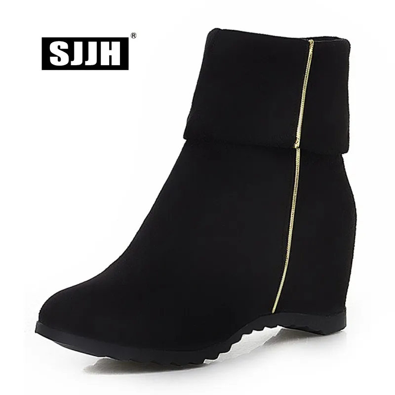 SJJH Women Mid-Calf Boots with Round Toe and Height Increasing Slip-on Short Plush Casual Boots Autumn Fashion Shoes D720