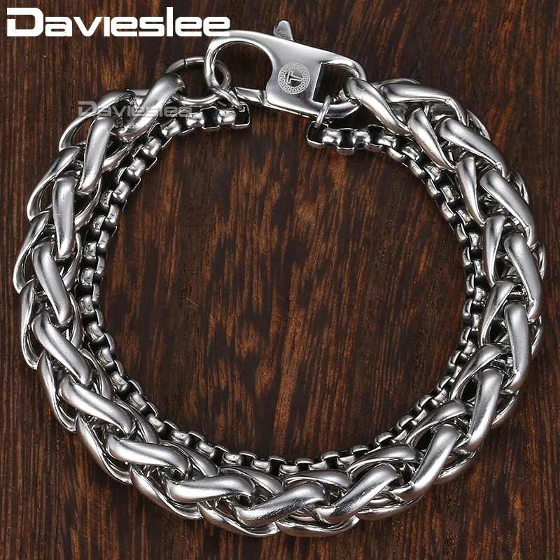Davieslee мужской браслет из нержавеющей стали, пшеничная цепь, двойное звено, коробка, цепь, модные браслеты, повседневный стиль, 8-10 дюймов, DDB50