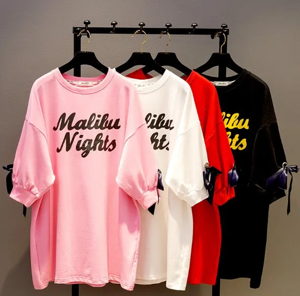 

2019 New Korean Letter Printed T shirt Spring Summer Girls Student Medium-long short Sleeve Tshirt Loose Tops Cotton Shirts