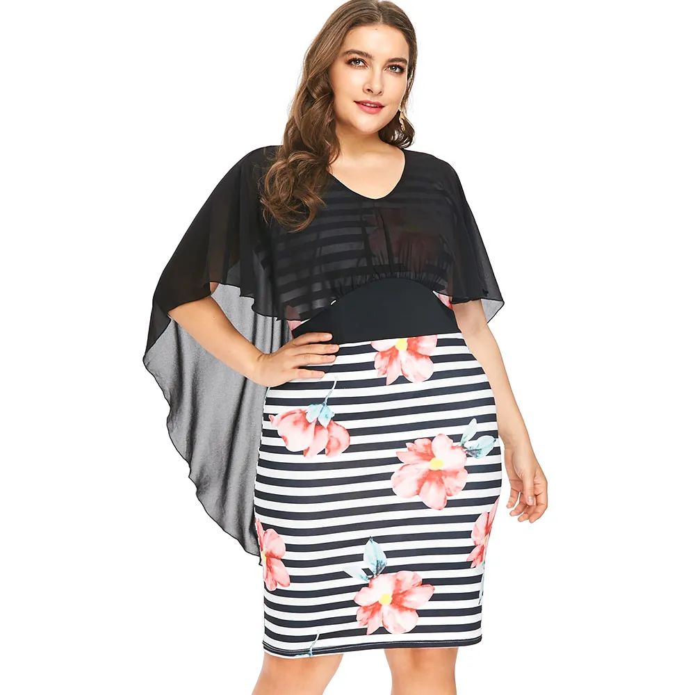 Kenancy Plus Size Floral Striped Tight Dress Knee Length
