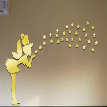 

2017New Mirror wall Stickers Tinkerbell Fairy Princess Stars 3D wall stickers for kids Rooms muursticker poster home decor