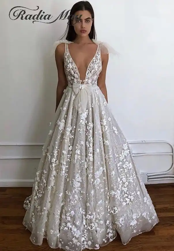 Sexy Deep Cuello Pico Espalda Descubierta 3d Flora Vestido De Novia 2020 Brillante Marfil Lentejuelas Apliques De Encaje Playa Bling Vestidos De Boda Con Arco Aliexpress