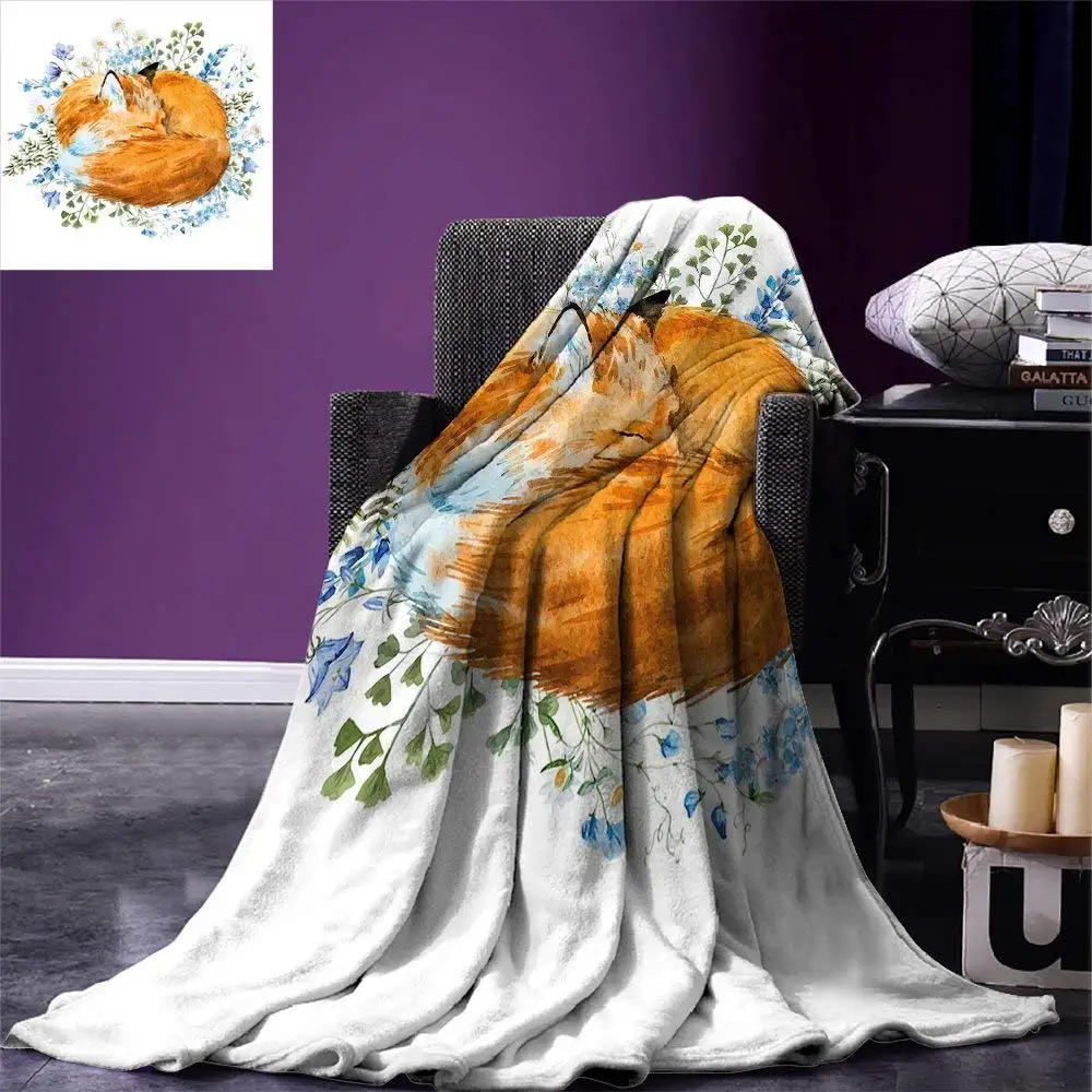 

Fox Throw Blanket Sleeping Fox in Watercolors Hand Drawn Fresh Wild Flowers Blossoms Artwork Warm Microfiber
