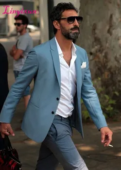 

Linyixun 2018 Most Fashion Elegant Blue Men Suit Grey Pants Beach Wedding Tuxedo Custom Young Men Casual suits Wear Vestido