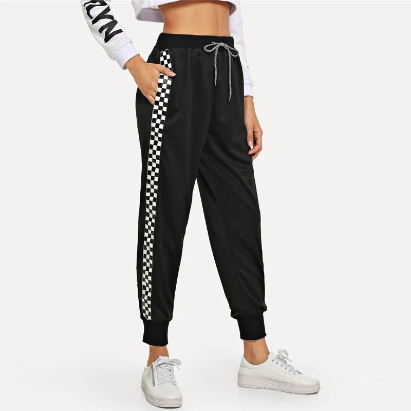 ROMWE Black Drawstring Waist Plaid Panel Pants Women Casual Autumn High Waist Bottoms Sporty Sweatpants Female Sports Trousers