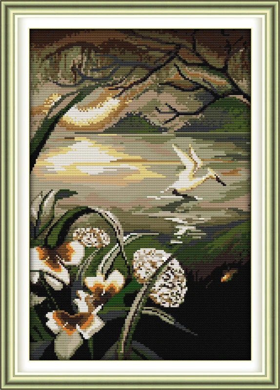 Набор для вышивки крестом Moonlight over the Lotus Pond lanscape garden 14ct 11ct холстом | Дом и сад