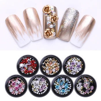 

Metal Rose Round Opals Crystal Gemstone Beads Rhinestones Nail Decorations DIY 3D Nail Art Decoration