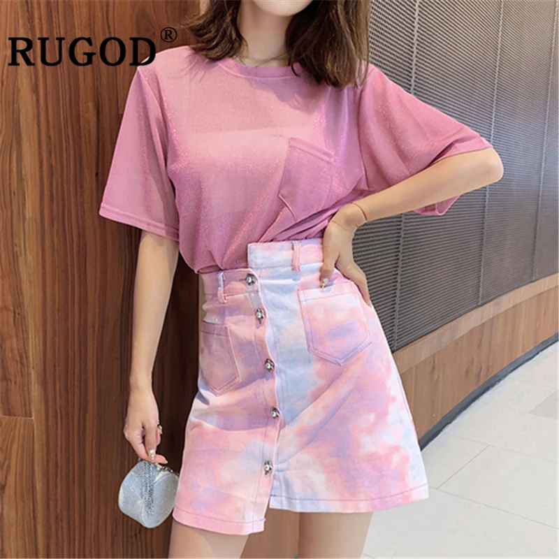 

RUGOD Korean chic mini summer dress women Elegant round neck pocket lace up dress vestidos Fashion render printed dress ladies