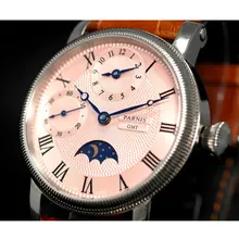 42mm parnis Mostrador Rosa Caso SS gmt Fase Da Lua pulseira de Couro Mecânico Automático Relógio dos homens