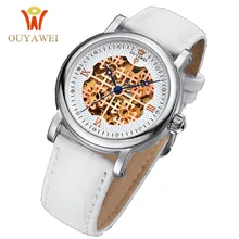 2016 Newest OUYAWEI skeleton watch Top Brand Luxurygold watch for women leather Mechanical Wristwatches relogio feminino dourado