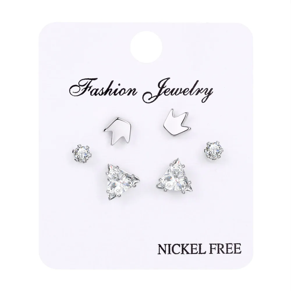 

3 Pairs Silve Flower Heart Square Round Rhinestone Ball Designs Stud Earring Sets For Women Clear Cubic Zirconia Stone Earrings