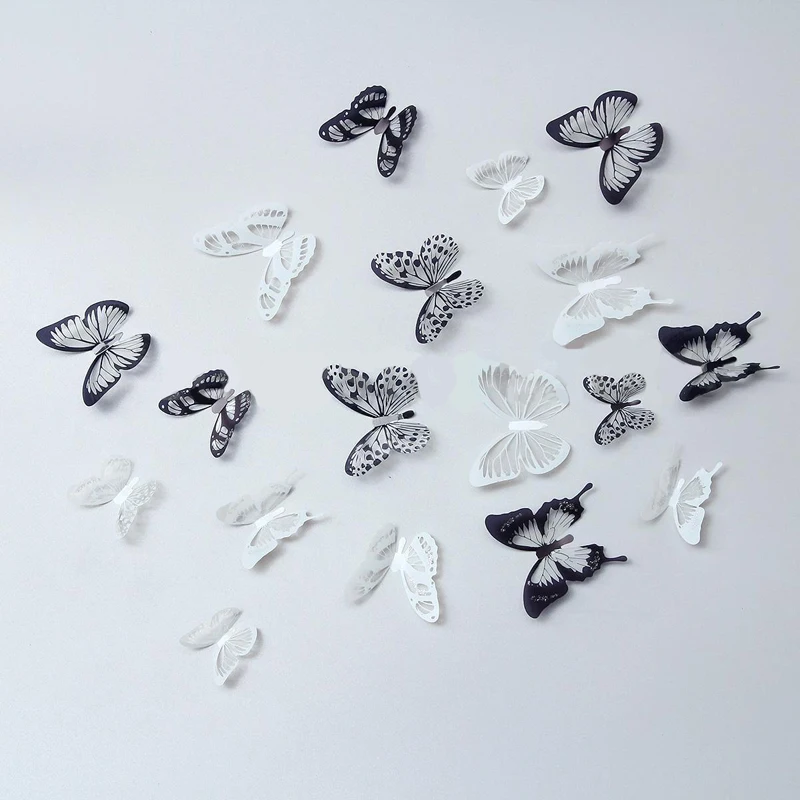 JX-LCLYL 18Pcs 3D PVC White&Black Butterfly Sticker Art Wall Decal Home Room Decor