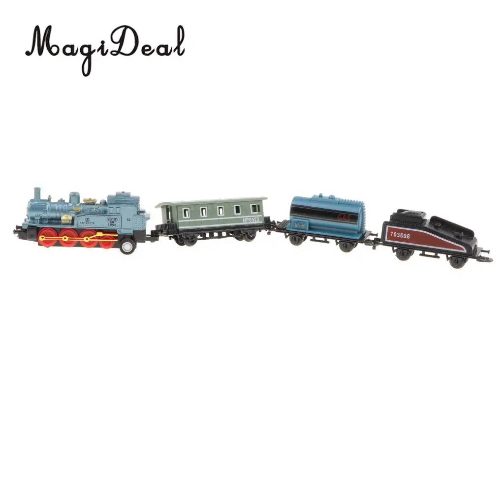 4Pcs Blue Mini Steam Train Set, 1 Locomotive Engine and 3 Railway Carriages, Kids Toddler Fun Toy Collectibles