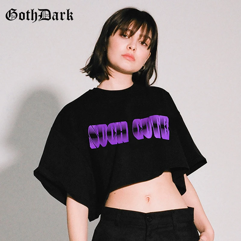 

Goth Dark letter Print Gothic Punk Black Women's T-shirts Grunge Loose Crop Tops Sexy Summer Fashion Female T-shirt Vintage