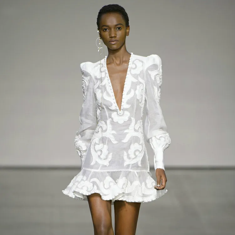 

women dress new autumn fashion high-end elegant vestidos bodycon sexy v-neck formal party runway mini lace white dresses