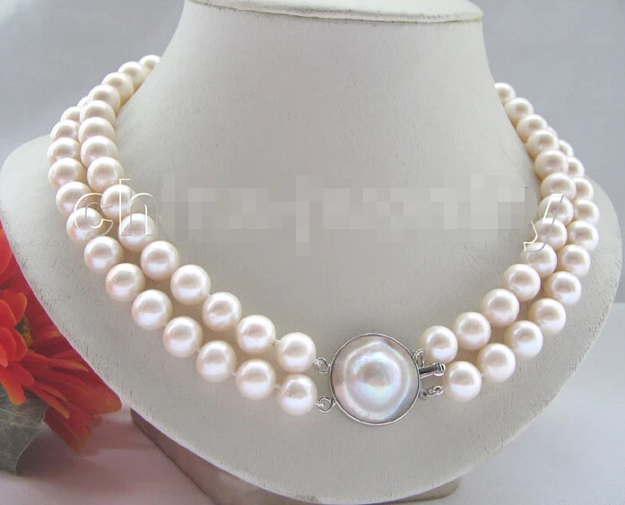 

>>> >>>AAA+ 17-18" 2row 11mm white round freshwater pearl necklace - 925 silver clasp