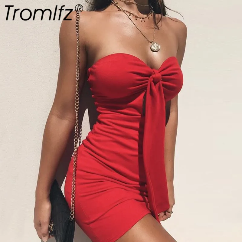 

Tromlfz Off Shoulder Lace Up Sexy Summer Pleated Dress Women Short Sleeve Bow Strapless Bodycon Mini Bandage Party Casual Dress