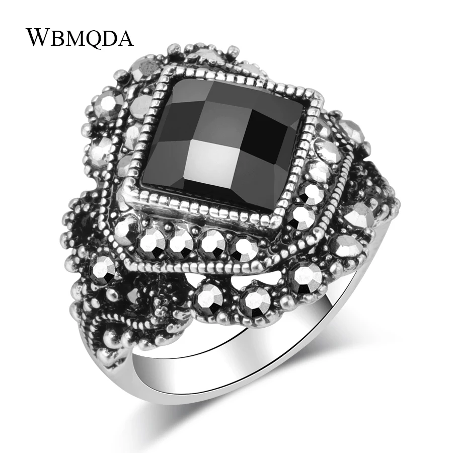

Wbmqda Vintage Big Black Stone Rings For Women Size 7 8 9 10 Antique Silver Gray Crystal Flower Boho Jewelry Anel