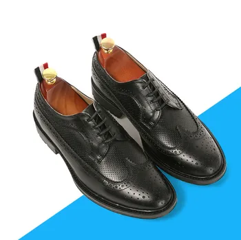 

Summer Men Round Toe Genuine Leather Gingham Breathable Business Dress Shoes Men Office Work shoes Men Large Size Brogue Shoes