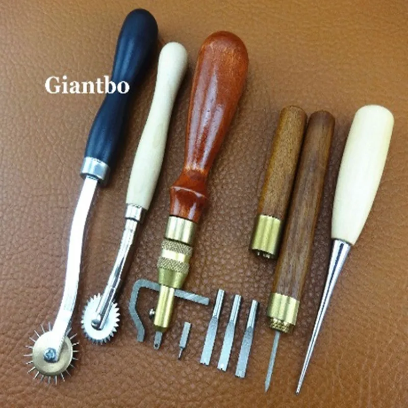 5 Leather Tools Kit Adjustable Stitching Groover Awl Over stitch wheel