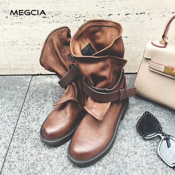 

MEGCIA 2019 Real Leather Motorcycle Boots Women Sheepskin Retro Western Boots Round Toe Buckle Autumn Winter Boots Black MA908