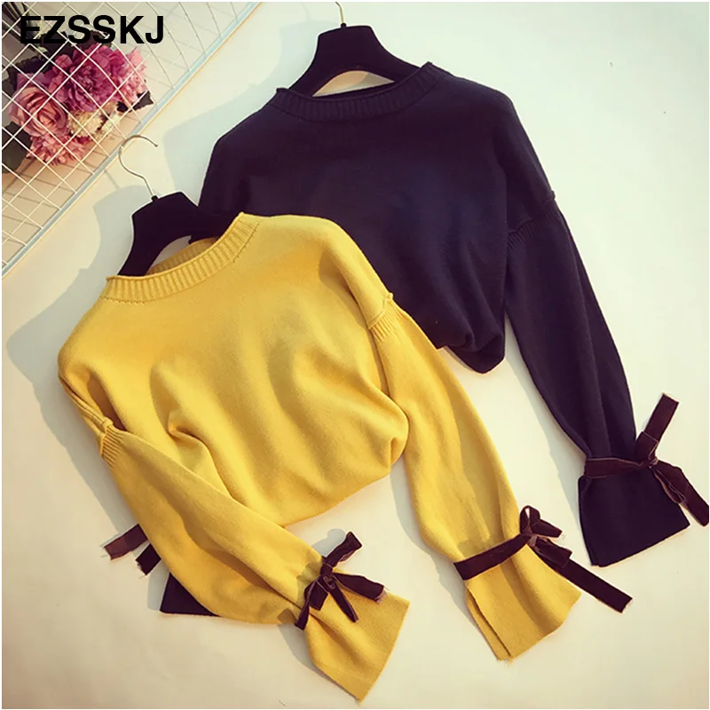

2018 sweet Sweater Women O Neck bow tie up Sweater split side Pullover Female spring Autumn Knitted sweater loose flare sleeve