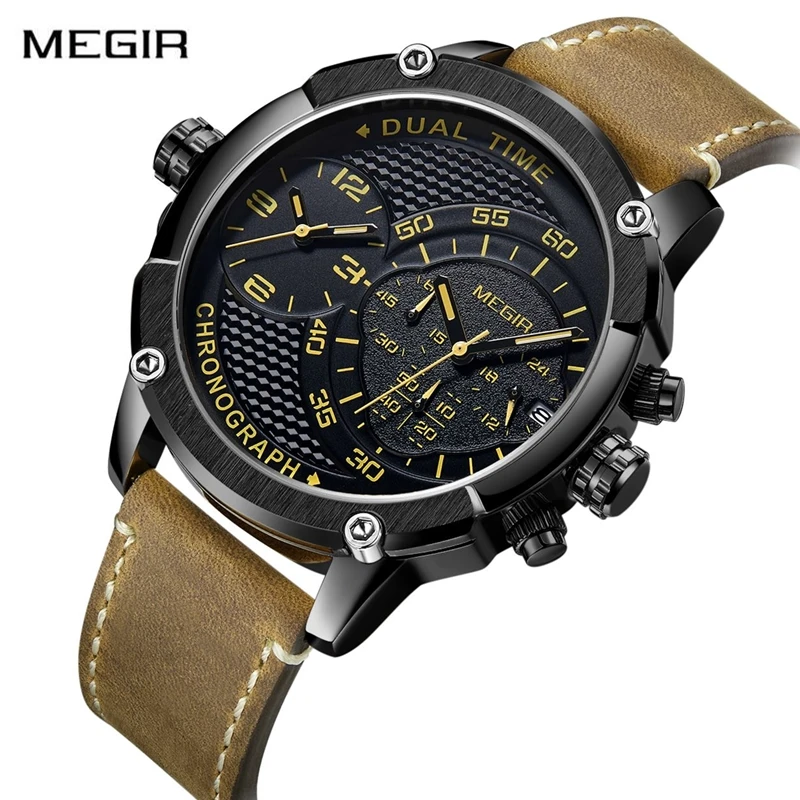 

MEGIR Multi-function Fashion Sport Watch Men Watch Dual Time Zone Chronograph Men's Watch Army Military Clock Relogio Masculino