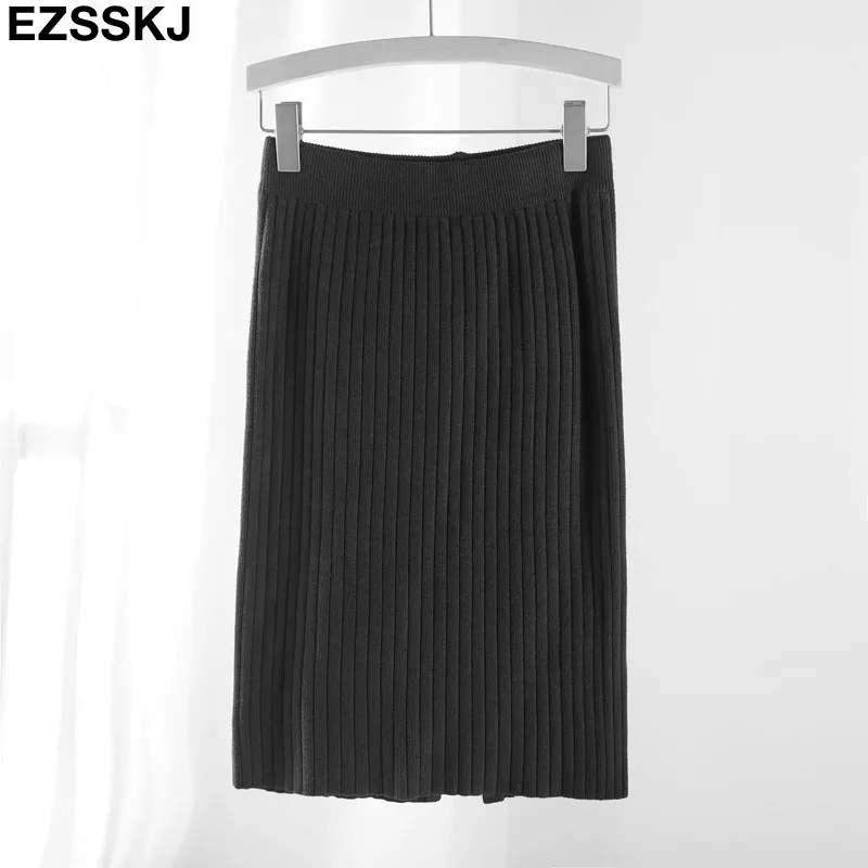 Винтажный элегантный зимний женский свитер юбка эластичная высокая талия Длинный разрез сзади вязаная юбка прямая женская однотонная Плотная юбка - Цвет: short black