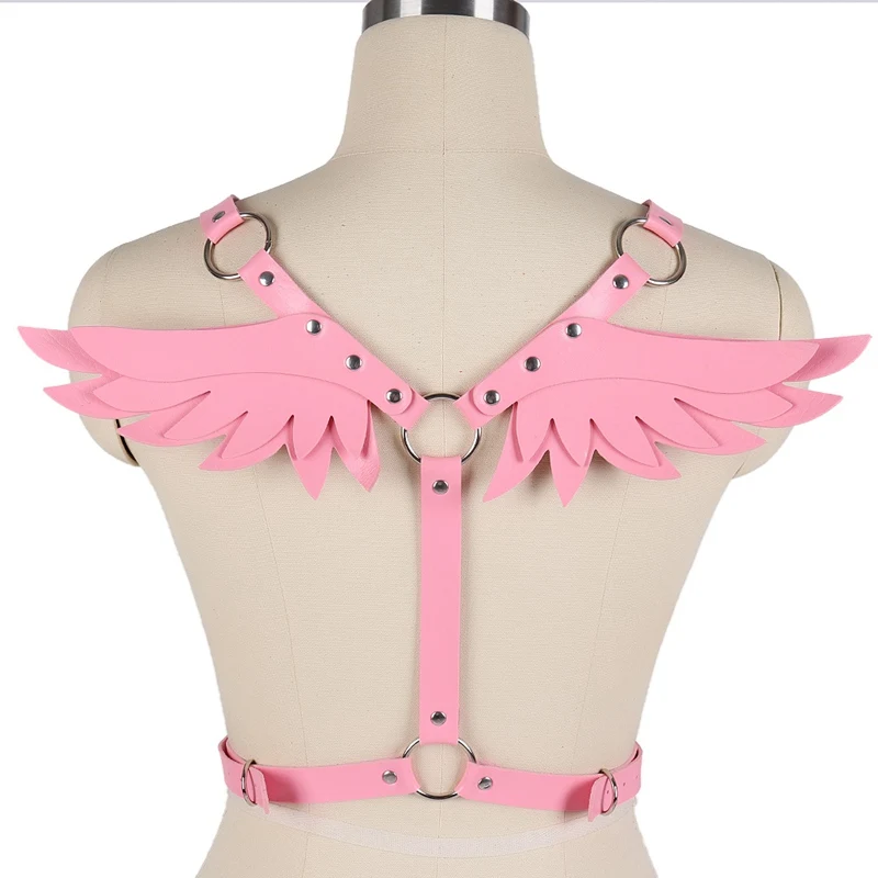 

Lingerie Leather Pink Straps Back Wing Crop Tops Goth Punk Metal Rivet Party Dance Festival Rave Adjust Bra Harness Women