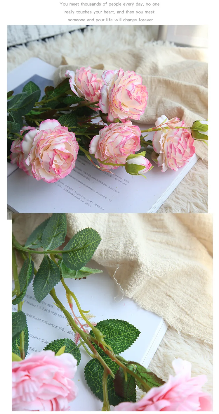JAROWN European Rose 3 Head Peony Simulation Silk Flower Wedding DIY Accessories Home Decoration Flowers (11)