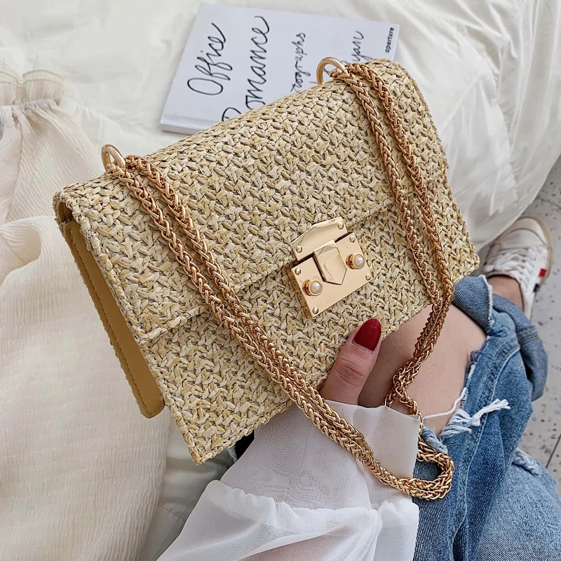 

Elegant Female Flap Square Bag 2019 Summer New Quality Straw Women's Designer Handbag Lock Chain Travel Shoulder Messenger Bag