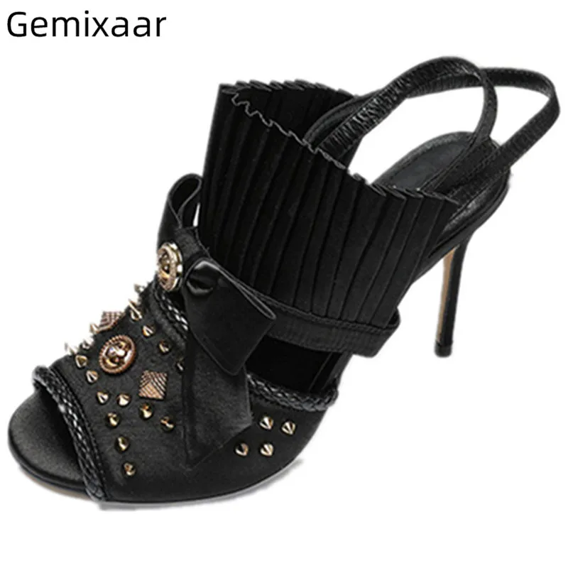 

Black Satin Sandals Shoes Women Peep Toe Decor Pleated Shoes Satin Studded Metal Rivet Narrow Strap Thin High Heel Sandals Woman